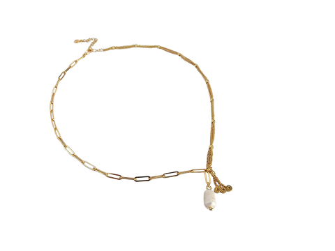 COLLAR ESLABONES Y PERLA DORADO