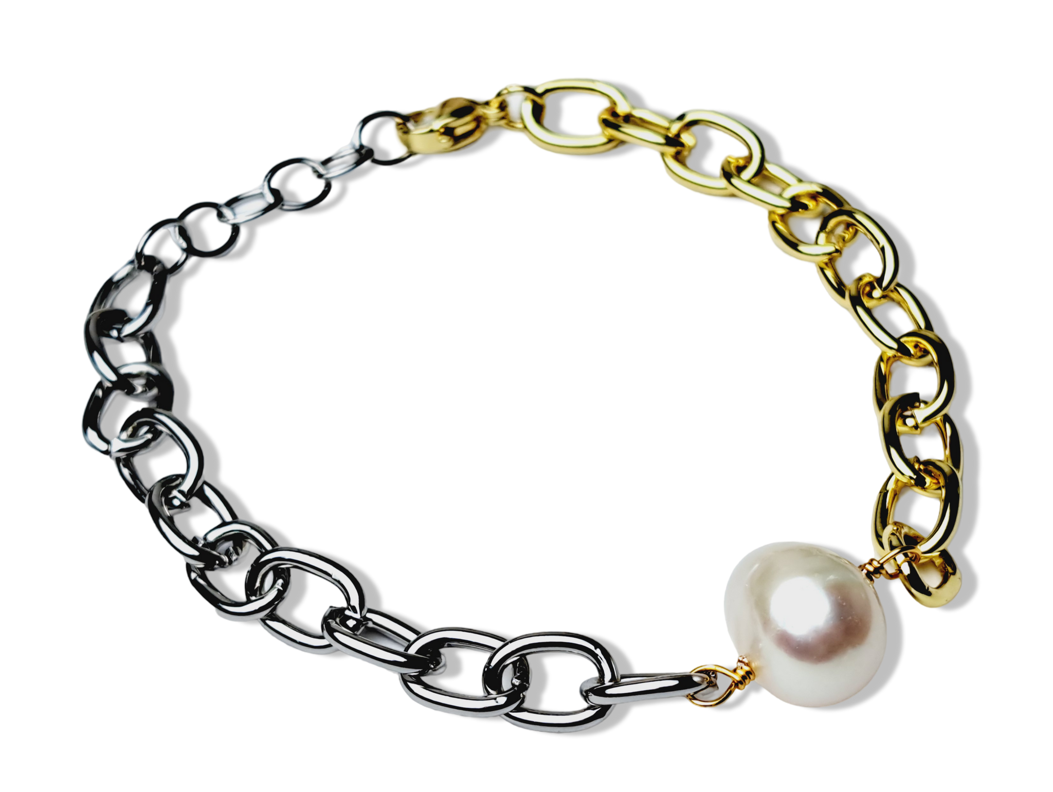 PULSERA ESLABON PERLA DORADO PLATEADO