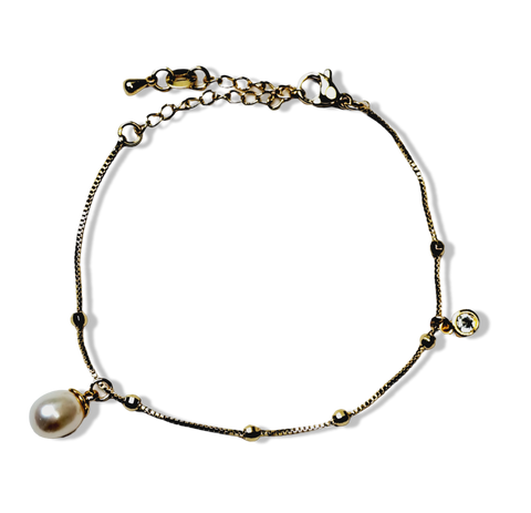 PULSERA CIRCONIA Y PERLA GOTA DORADO