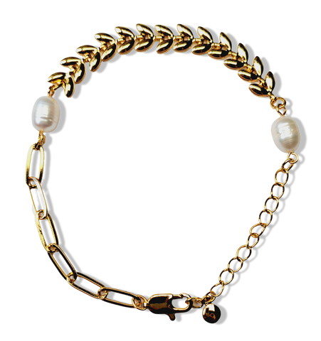 PULSERA LAUREL Y PERLA DORADO