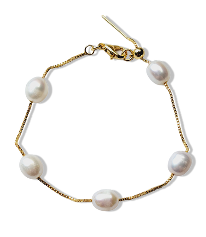 PULSERA CADENA PERLA BLANCA DORADO