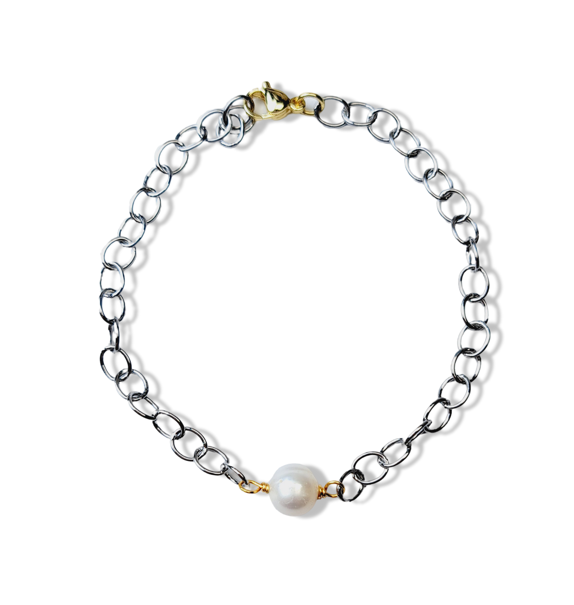 PULSERA ESLABONES PERLA PLATEADO DORADO