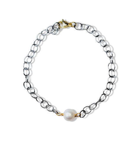 PULSERA ESLABONES PERLA PLATEADO DORADO