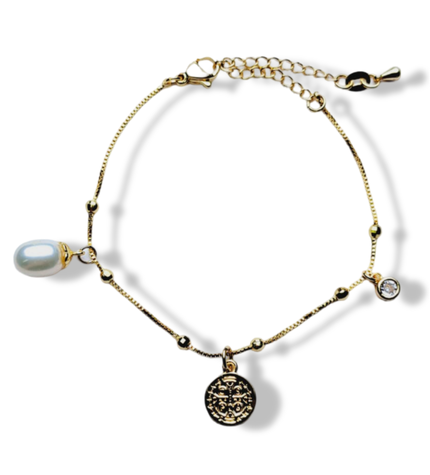 PULSERA SAN BENITO Y CRISTAL PERLA DORADO