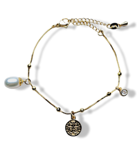 PULSERA SAN BENITO Y CRISTAL PERLA DORADO