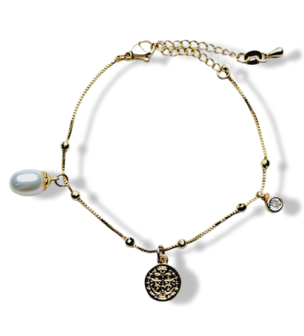 PULSERA SAN BENITO Y CRISTAL PERLA DORADO