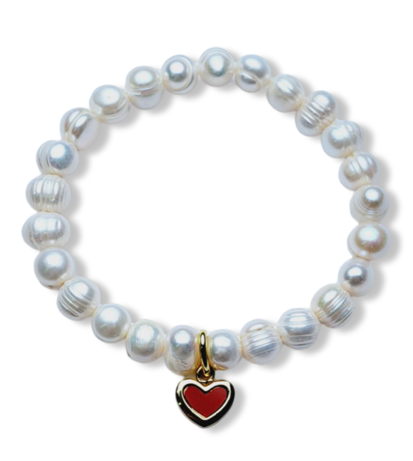 PULSERA PERLA Y CORAZÓN ROJO DORADO