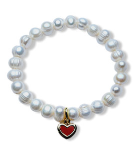 PULSERA PERLA Y CORAZÓN ROJO DORADO