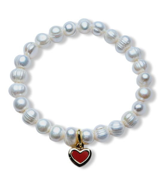 PULSERA PERLA Y CORAZÓN ROJO DORADO