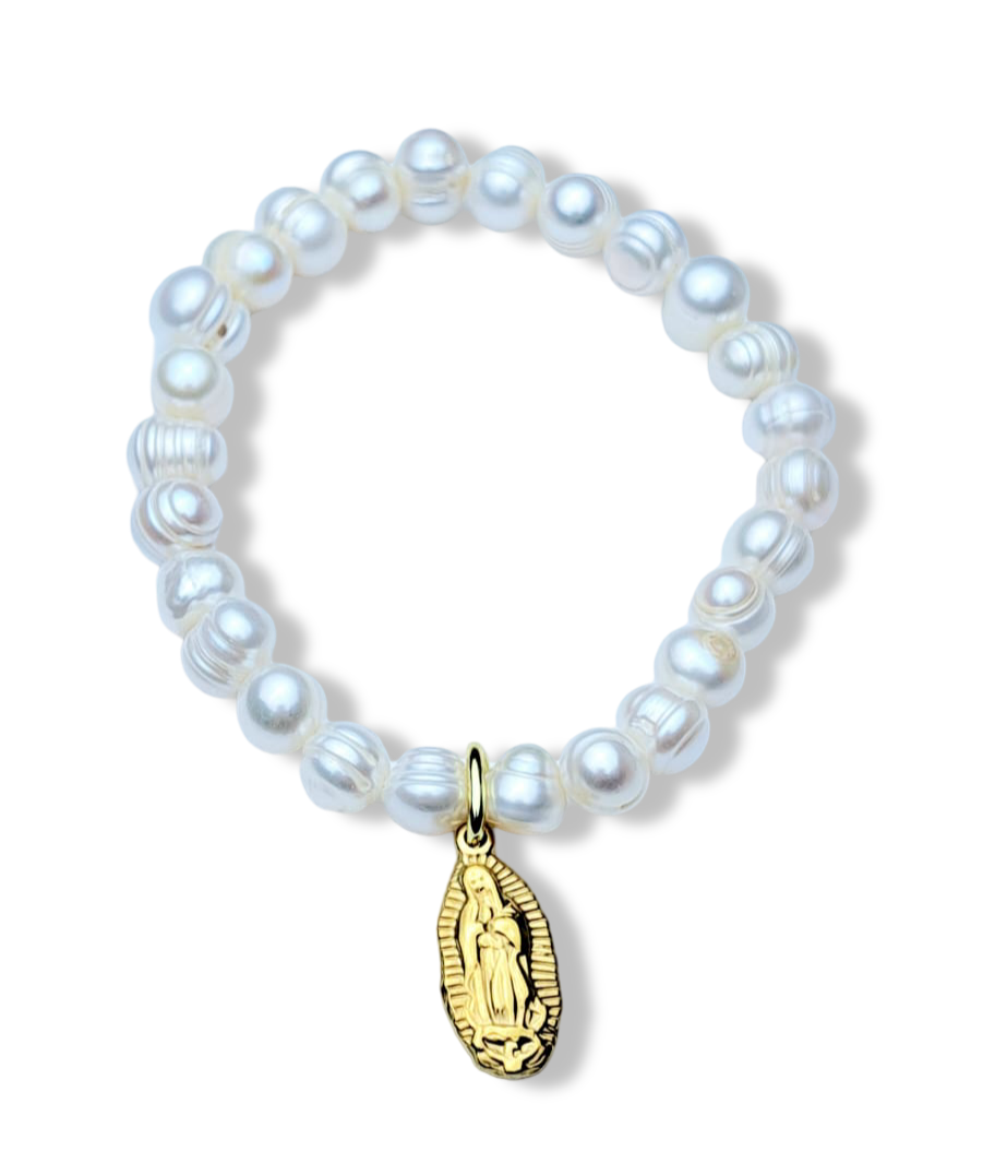 PULSERA VIRGEN Y PERLA BARROCA DORADO