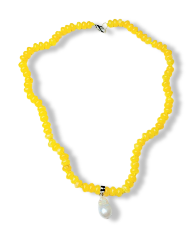 COLLAR ÁGATA AMARILLA Y PERLA CALABAZO PLATEADO