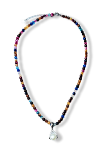 COLLAR ÁGATA COLORES Y PERLA PLATEADO
