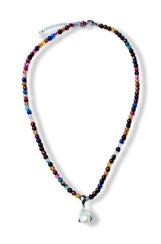 COLLAR ÁGATA COLORES Y PERLA PLATEADO