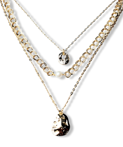 COLLAR TRIPLE ESLABON Y PERLA DORADO