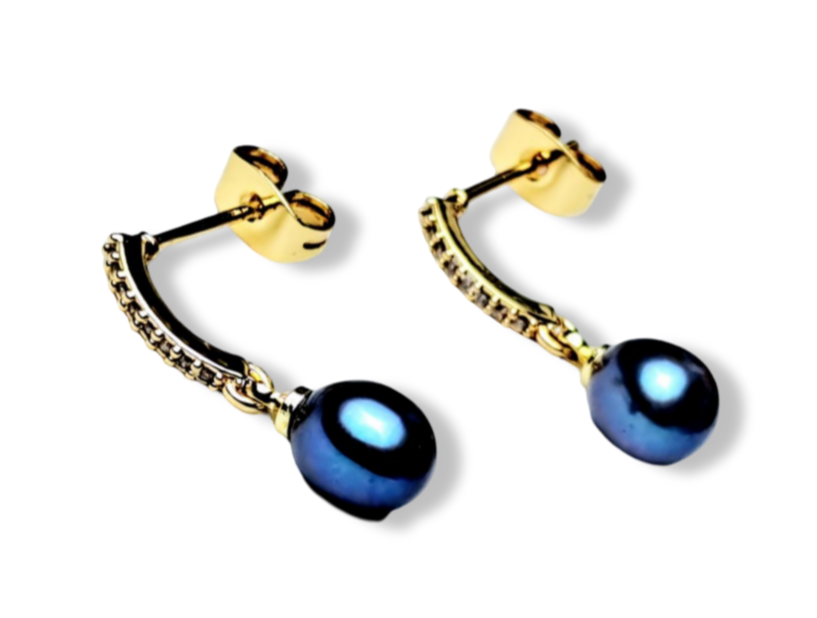 ARETE PERLA GOTA NEGRA Y CIRCONIAS DORADO