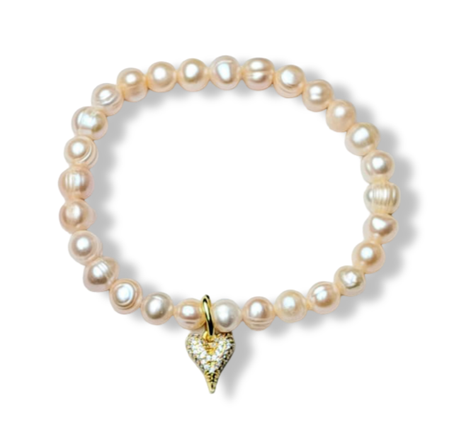 PULSERA PERLA BARROCA MELÓN  CORAZÓN DORADO
