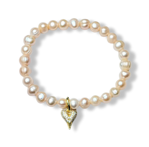 PULSERA PERLA BARROCA MELÓN  CORAZÓN DORADO