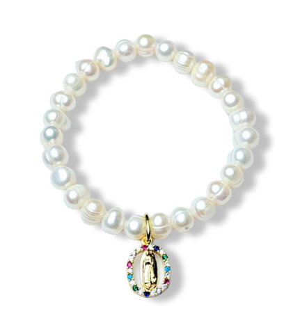 PULSERA PERLA BARROCA VIRGEN COLORES DORADO