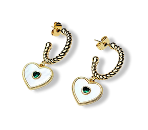 ARETE CORAZON MADRE PERLA Y VERDE DORADO