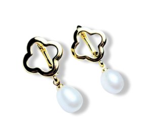 ARETE PERLA GOTA TRÉBOL DORADO