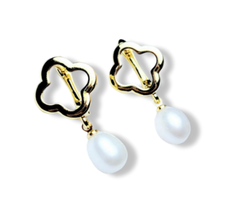 ARETE PERLA GOTA TRÉBOL DORADO