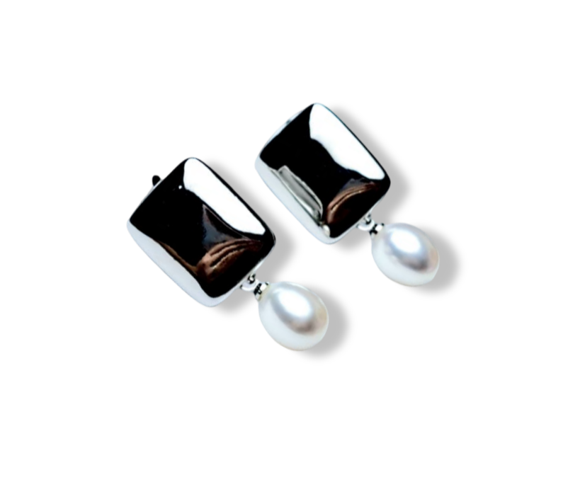 ARETE PERLA GOTA CUADRADO PLATEADO