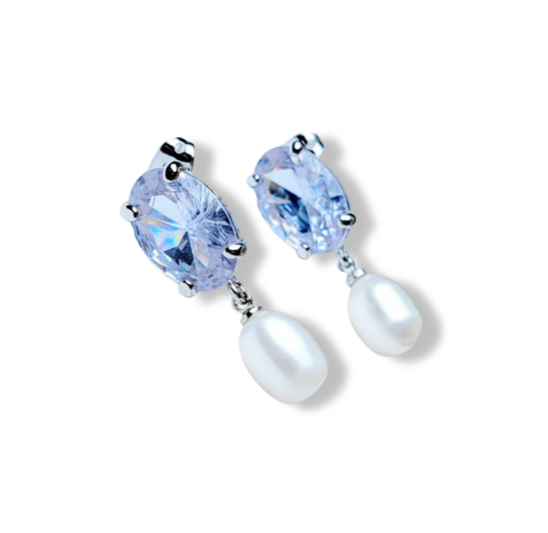 ARETE PERLA GOTA CRISTAL BLANCO PLATEADO