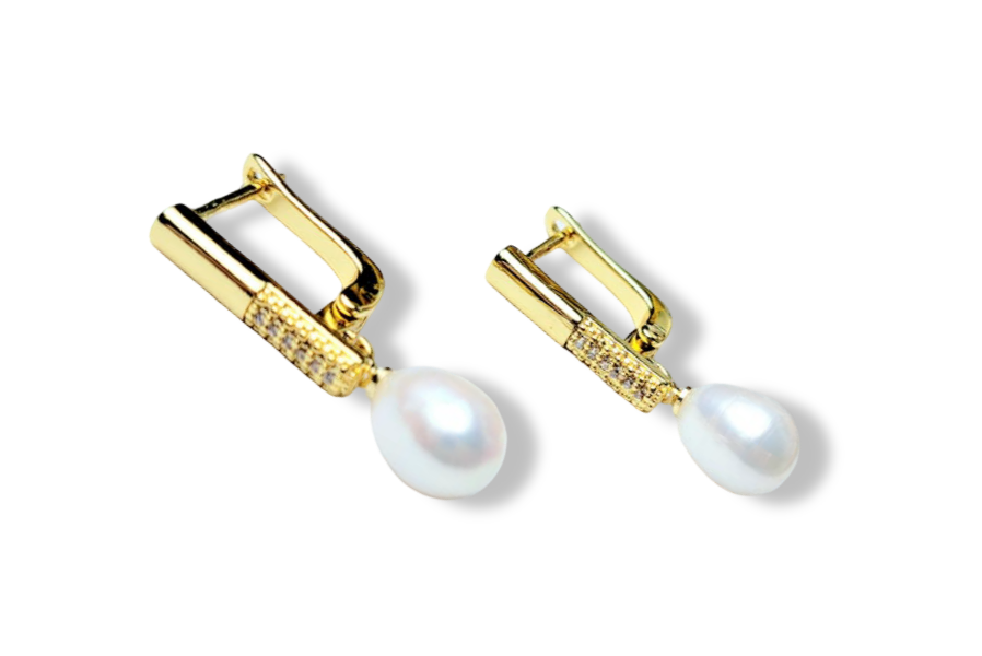 ARETE PERLA GOTA Y BASTÓN  CIRCONIA DORADO
