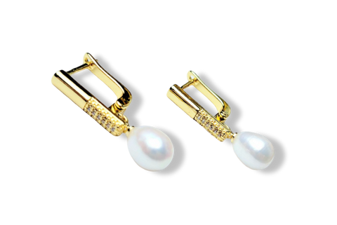 ARETE PERLA GOTA Y BASTÓN  CIRCONIA DORADO