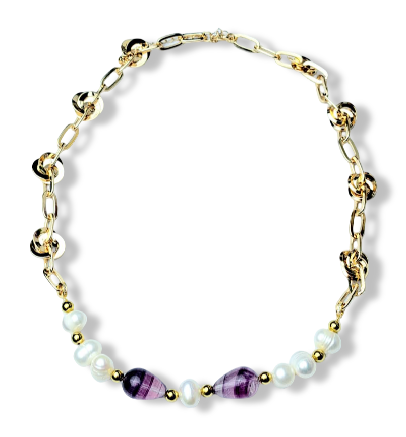 COLLAR PERLA BARROCA Y FLUORITA DORADO