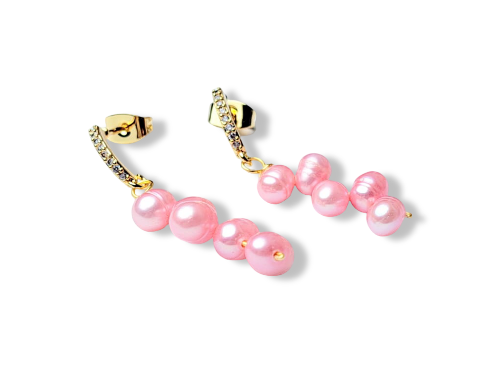ARETE PERLA IRREGULAR ROSA Y CIRCONIA DORADO