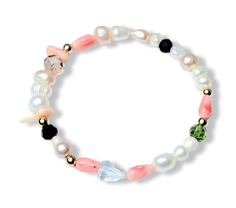 PULSERA PERLA IRREGULAR Y CORAL ROSA DORADO