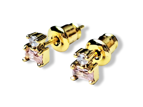 ARETE MINI CIRCONIAS ROSA Y BLANCA DORADO