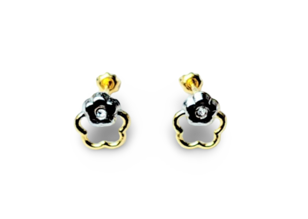 ARETE BROQUEL CIRCONIA FLOR PLATEADO DORADO