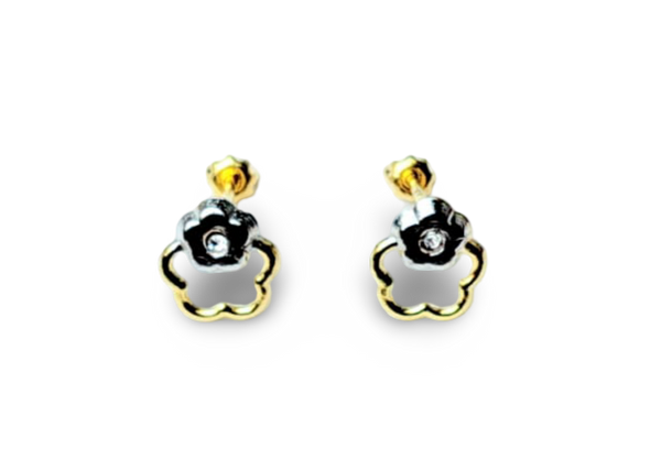 ARETE BROQUEL CIRCONIA FLOR PLATEADO DORADO