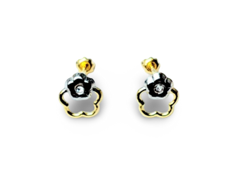 ARETE BROQUEL CIRCONIA FLOR PLATEADO DORADO