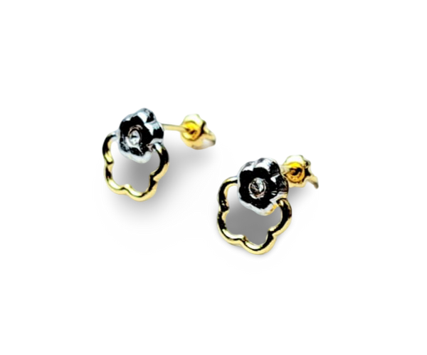 ARETE BROQUEL CIRCONIA FLOR PLATEADO DORADO