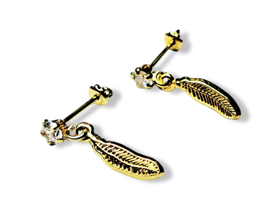 ARETE BROQUEL PLUMA Y CIRCONIA DORADO