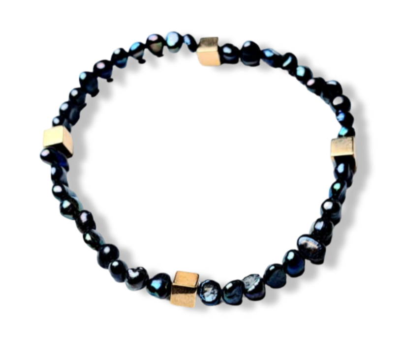 PULSERA PERLA IRREGULLAR NEGRA Y PIRITA