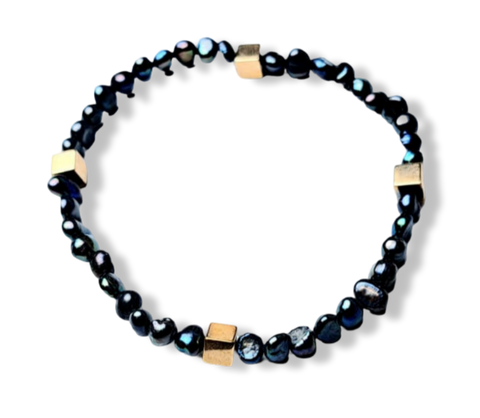 PULSERA PERLA IRREGULLAR NEGRA Y PIRITA