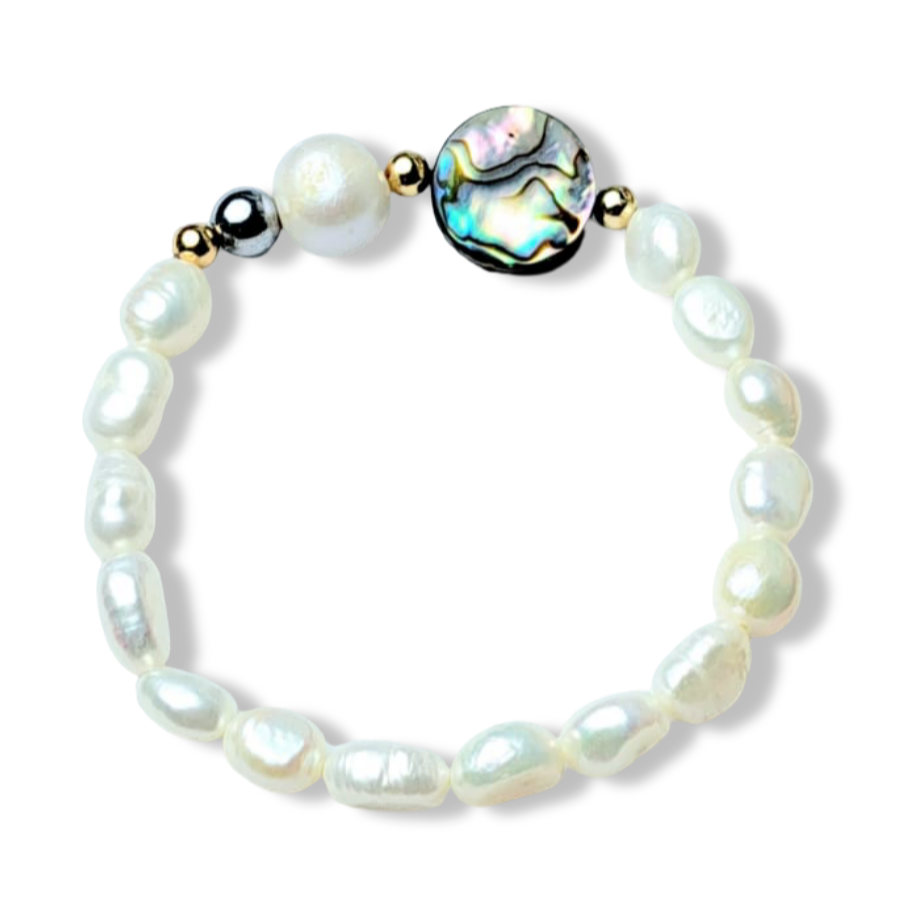 PULSERA PERLA  ABULON, HEMATITA DORADO