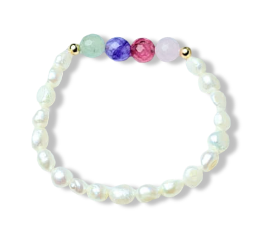 PULSERA PERLA Y AGATAS DE COLORES DORADO
