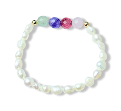 PULSERA PERLA Y AGATAS DE COLORES DORADO