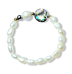 PULSERA PERLA  ABULON, HEMATITA DORADO