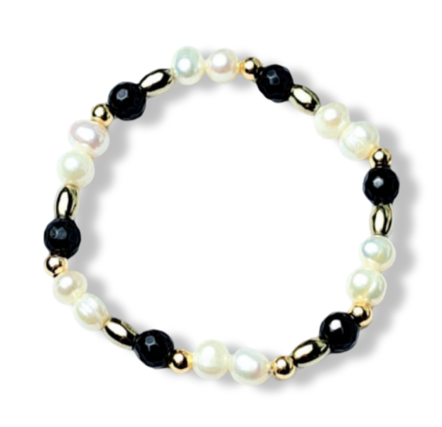 PULSERA PERLA HEMATITA Y ONIX DORADO
