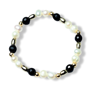 PULSERA PERLA HEMATITA Y ONIX DORADO