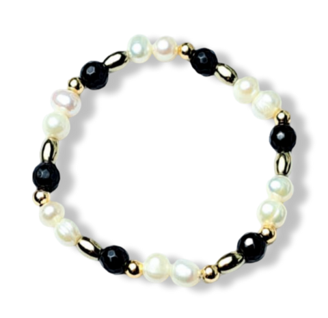 PULSERA PERLA HEMATITA Y ONIX DORADO