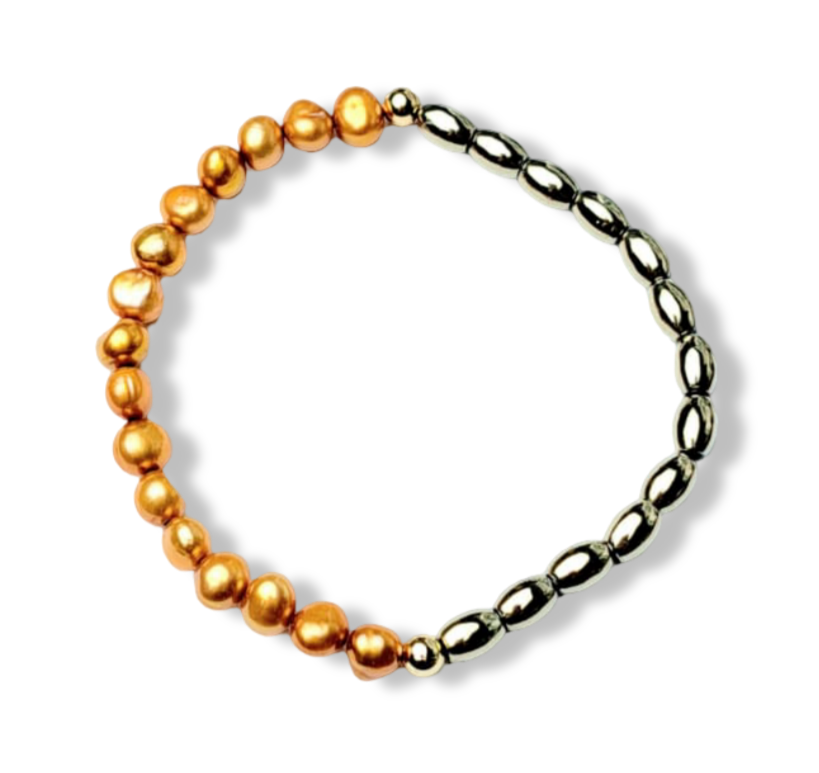 PULSERA PERLA NARANJA Y HEMATITA DORADO