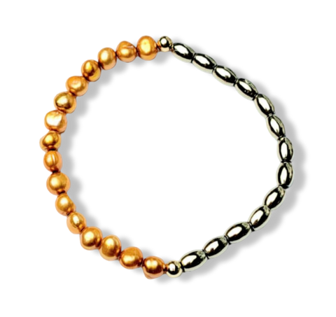 PULSERA PERLA NARANJA Y HEMATITA DORADO