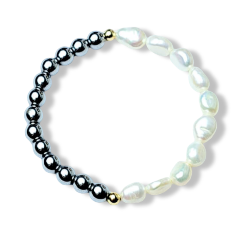 PULSERA PERLA IRREGULAR HEMATITA DORADO PLATEADO